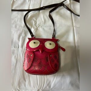 VTG Hand Tooled Leather Owl Crossbody Bag Embossed Sz 6x5 Small Red Zip Closure
